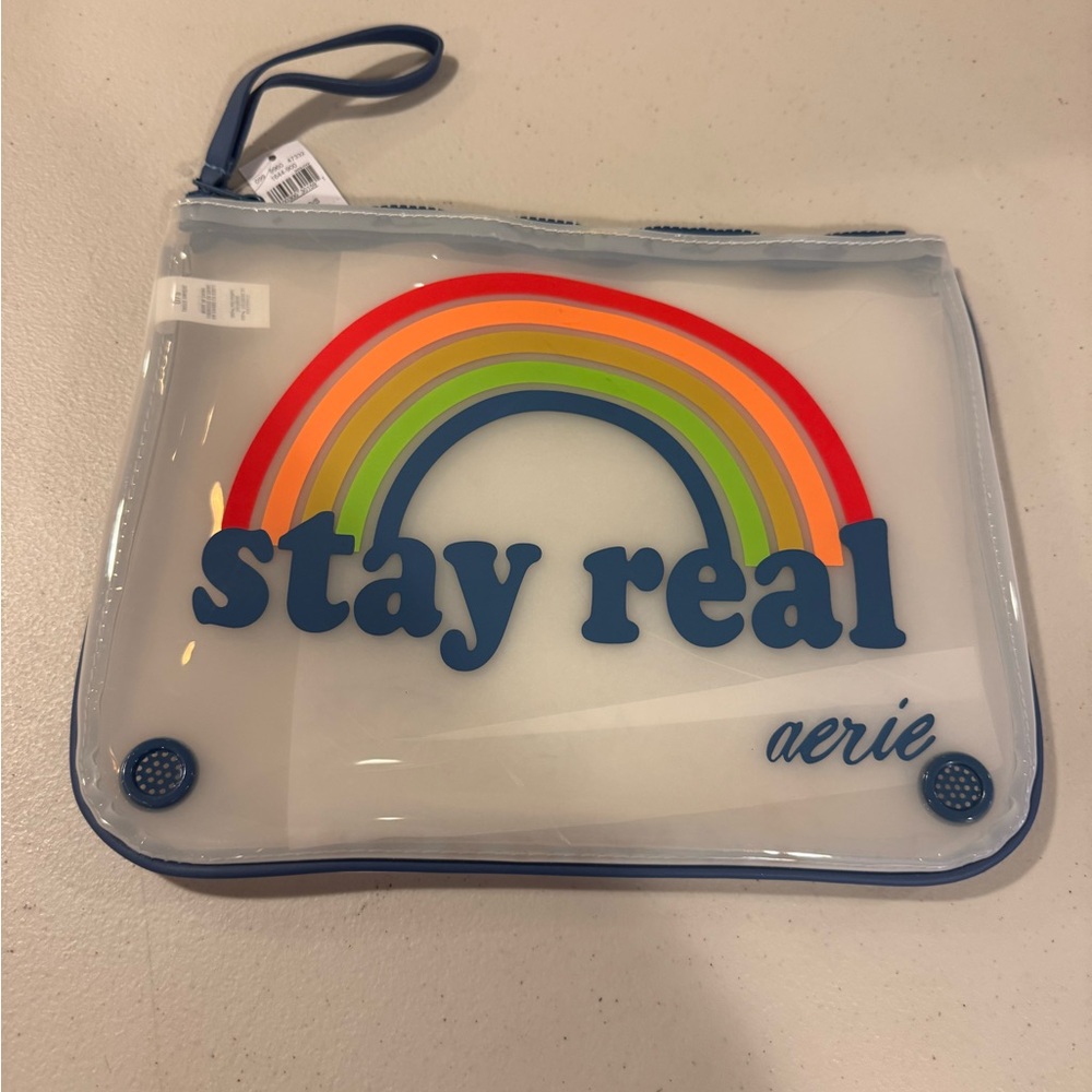 Aerie Transparent Pouch with Rainbow and Blue Text